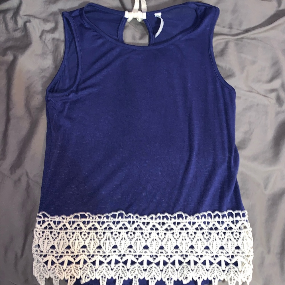 Blue tank top with crochet detailing